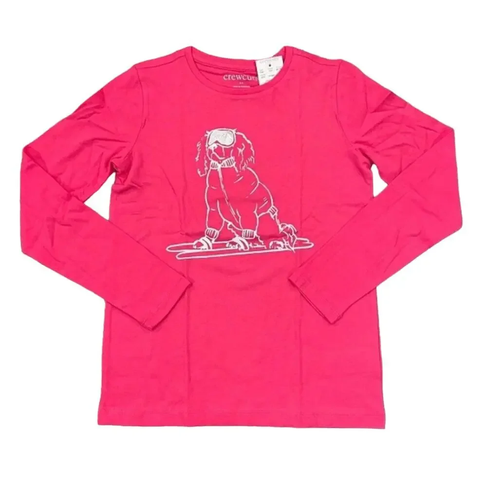 NWT J. Crew Girls' Fuchsia Pink Long-Sleeve Spaniel on Skis Graphic Tee -M (8-9)